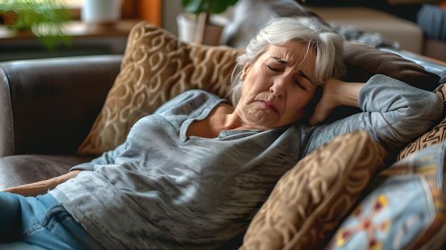Mulher idosa descansando em um sofá com uma expressão dolorida Problemas de saúde da vida cotidiana Cuidados com idosos Momento autêntico e relacionável capturado pela IA