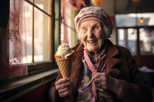 Mulher idosa desfrutando de sorvete. Generativo por Ai