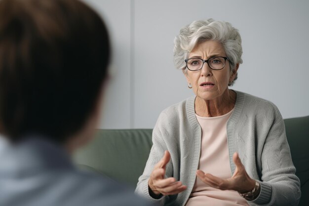 Mulher idosa discutindo problemas com um psicoterapeuta no consultório