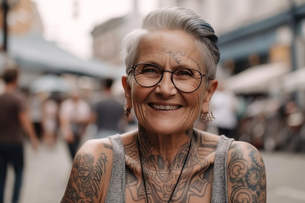 Mulher idosa elegante e feliz em tatuagens em sorrisos de óculos na rua generative ai