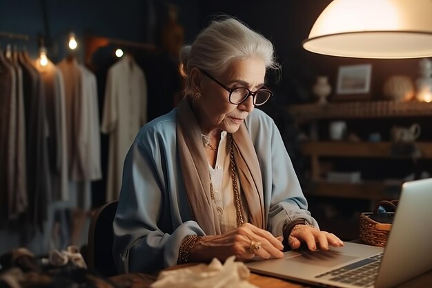 Mulher idosa elegante freelancer trabalhando em um computador portátil sorrindo Ilustração de IA gerativa mulher trabalhando em casa em um laptop em um apartamento moderno