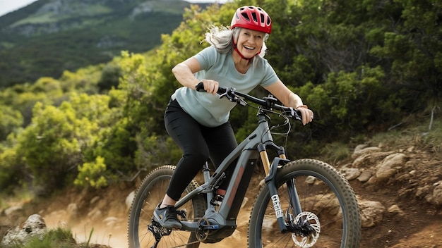 Mulher idosa em bicicleta de montanha elétrica