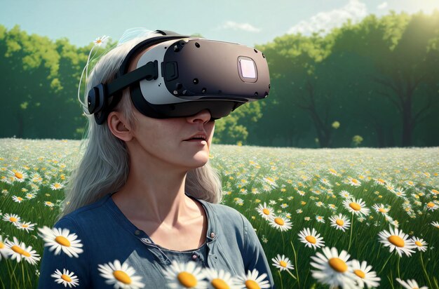 Mulher idosa em óculos VR contra o fundo de um campo com margaridas Retrato de aposentado em óculos de realidade virtual Conceito de realidade artificial