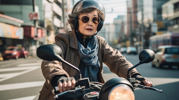 Foto mulher idosa em uma motocicleta