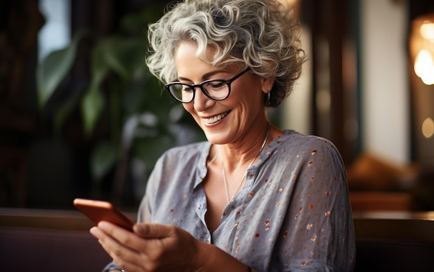 Mulher idosa encantada com seu smartphone