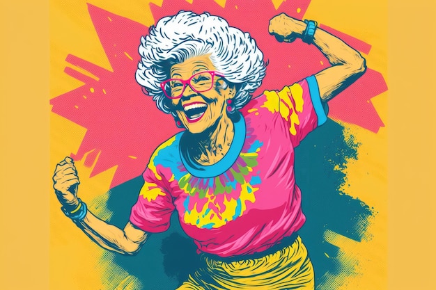 Mulher idosa enérgica balançando aeróbica estilo anos 80 com um sorriso
