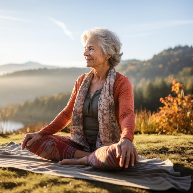 Mulher idosa esticando tapete de ioga expressão pacífica ambiente natural ao ar livre