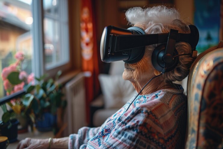 Foto mulher idosa experimentando tecnologia de realidade virtual, idosa usando fone de ouvido vr e fones de ouvido em ambientes fechados