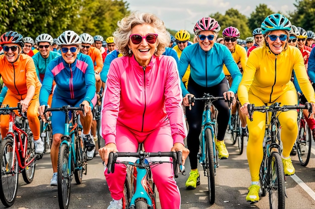 Mulher idosa feliz ativa participando de uma corrida de bicicleta Avó alegre anda de bicicleta