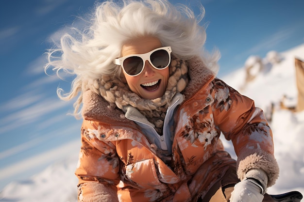 Mulher idosa feliz com cabelos grisalhos vestindo um fato de treino de inverno aposentadoria ativa um esporte de inverno saudável para qualquer idade