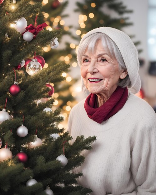Foto mulher idosa feliz com iluminado em uma casa de repouso com árvore de natal e fundo de decoração