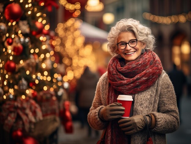 Mulher idosa feliz com uma xícara de café andando na rua da cidade no cenário de bokeh de luz de Natal