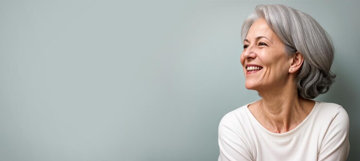 Foto mulher idosa feliz contra fundo cinzento retrato de mulher idosa sorridente isolada sobre fundo cinzente retrato de uma mulher idosa feliz de pé isolada sobre fundo cinza