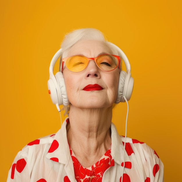 Mulher idosa feliz e alegre usando fones de ouvido brancos escuta música em um fundo colorido