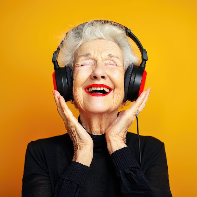 Mulher idosa feliz e alegre usando fones de ouvido escuta música em um fundo amarelo brilhante