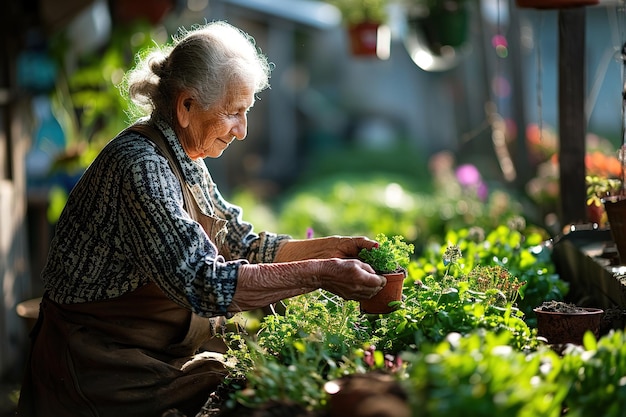 Mulher idosa feliz em um avental marrom cuida de um vaso de plantas no jardim