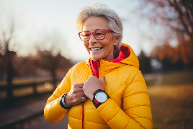 Mulher idosa feliz mantendo-se ativa com tecnologia ao ar livre rastreando o exercício físico com