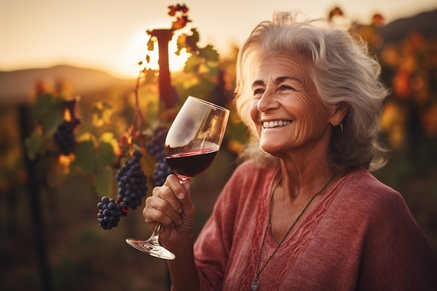 Foto mulher idosa feliz provando vinho vermelho na vinha ao pôr do sol