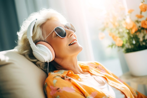 Mulher idosa feliz sentada no sofá sorrindo e ouvindo música em fones de ouvido