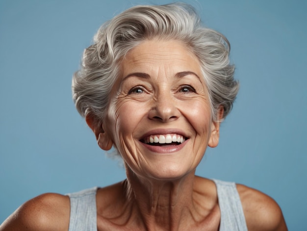 Foto mulher idosa jovem com expressão feliz em fundo azul pastel