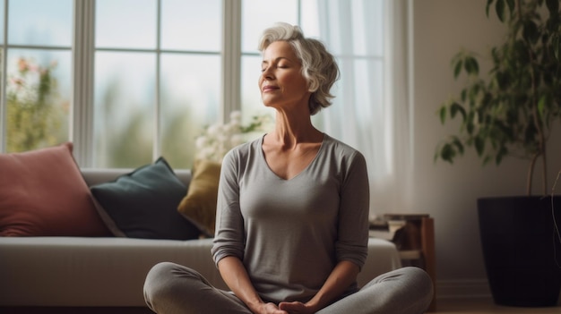 Mulher idosa madura pratica meditação guiada para problemas de saúde mental e paz