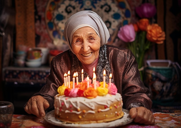 Mulher idosa marroquina em um cenário vibrante comemorando com um delicioso bolo de aniversário