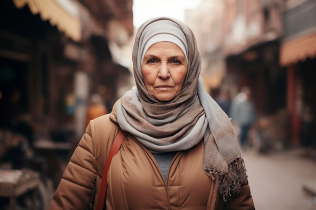 mulher idosa muçulmana árabe séria em hijab posando na rua