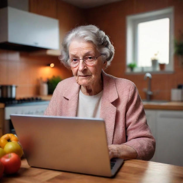 mulher idosa na cozinha com um laptop arte digital realista