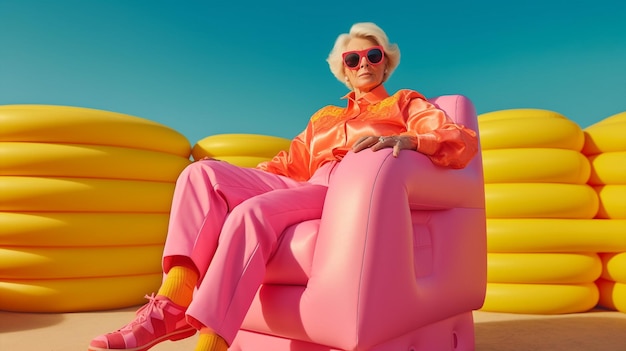 Mulher idosa na moda generativa sentada em uma cadeira de bolha ao ar livre