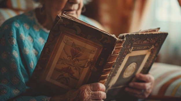 Mulher idosa navegando por fotografias antigas em um álbum de fotos de família conceito de nostalgia