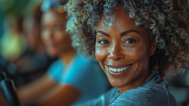 Mulher idosa negra sorridente a andar de bicicleta estacionária