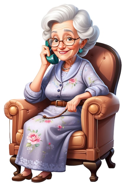 Foto mulher idosa ou avó sentada em uma poltrona aconchegante e falando ao telefone retrato de avó em casa personagem de desenho animado feminino sorridente isolado em fundo branco
