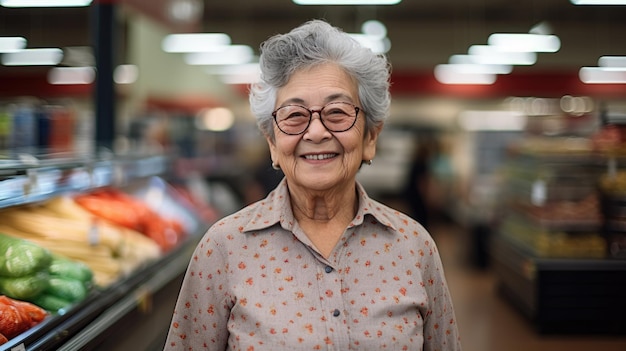 Mulher idosa parada em um supermercado em um fundo desfocado