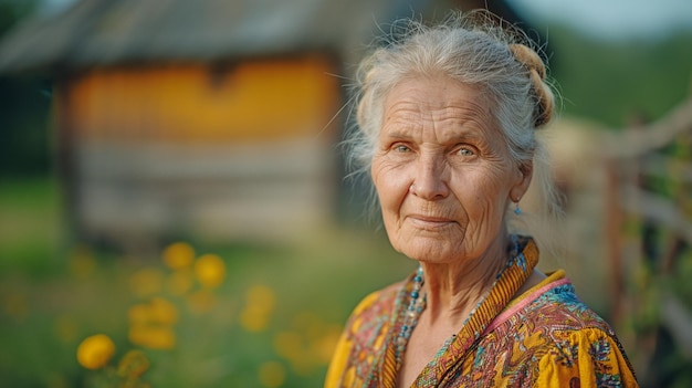 mulher idosa posando fora de sua casa de campo e olhando para a câmera