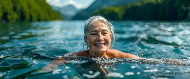 Mulher idosa radiante a nadar num lago de montanha.