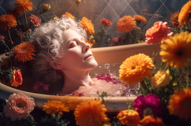 Foto mulher idosa relaxada na banheira com ambiente floral cuidados com a pele do corpo rejuvenescimento terapia aquática gerar ai