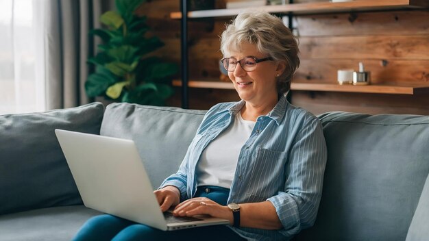 Mulher idosa relaxando com laptop no sofá