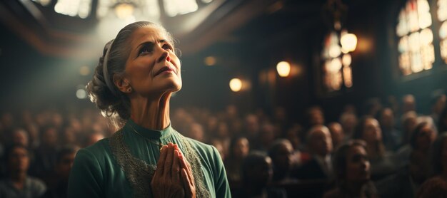 mulher idosa rezando na igreja IA generativa