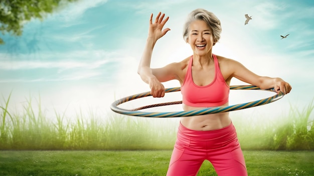 Foto mulher idosa se exercitando com um hula hoop