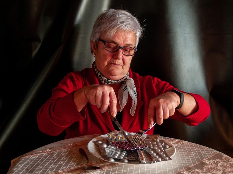 Foto mulher idosa segurando garfo e faca sobre blisters na mesa