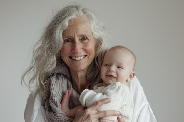 mulher idosa segurando um bebê concepção de parentalidade