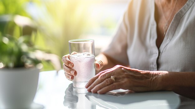 Mulher idosa segurando um copo de água com um comprimido efervescente na mesa em casa