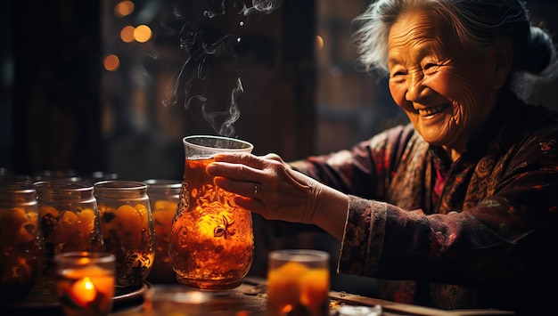 Mulher idosa segurando um copo de chá com uma vela acesa