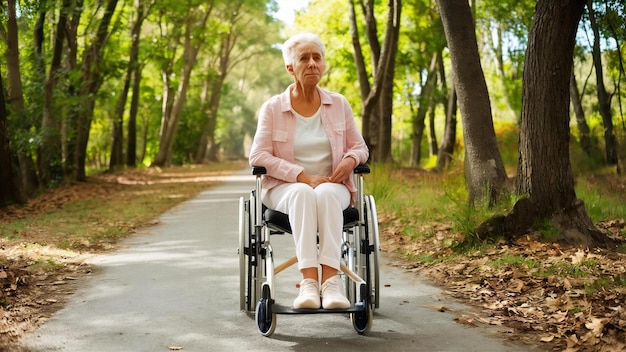 Mulher idosa sentada em cadeira de rodas com dor no joelho