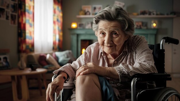 Mulher idosa sentada em cadeira de rodas com dor no joelho