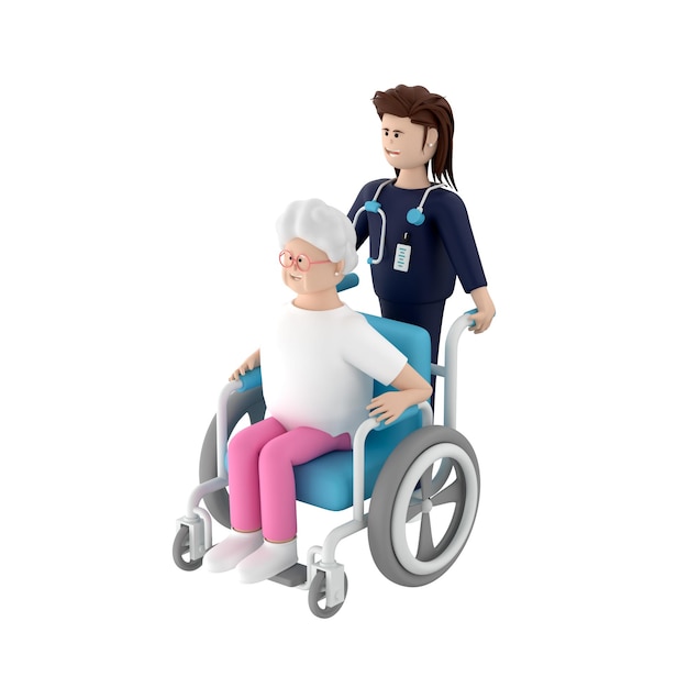 Mulher idosa sentada em uma cadeira de rodas enquanto a médica empurra por trás 3d render