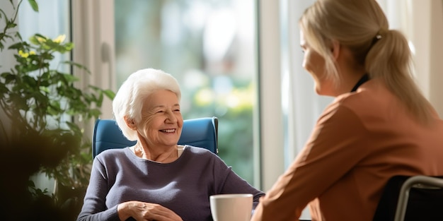 Mulher idosa sentada em uma cadeira e conversando com uma enfermeira em uma casa de repouso