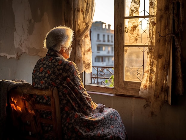 Mulher idosa sentada em uma sala olhando pela janela gerada por IA