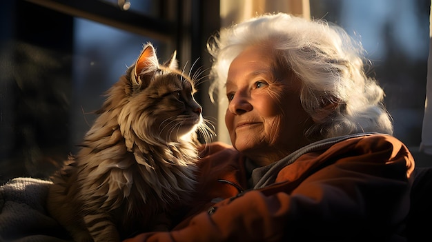 Mulher idosa sentada no sofá segurando seu amado gato majestoso, linda cena