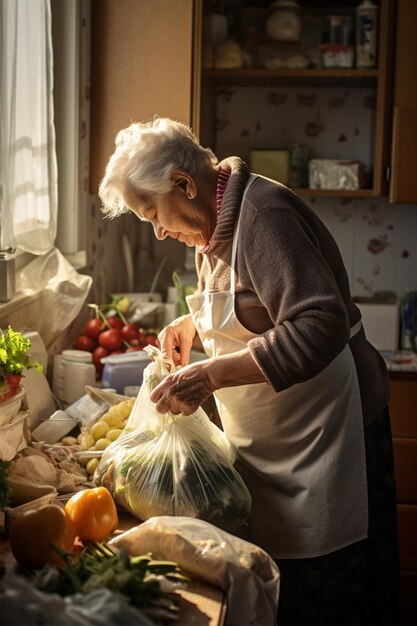 Foto mulher idosa solitária na cozinha com pacotes de compras foco seletivo